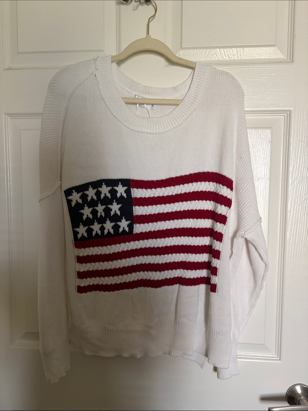 White Crewneck Sweater with American Flag Graphic